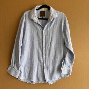 Tattersall London Mens Dress Shirt 17 1/2 34/35 Light Blue Checkered Long Sleeve